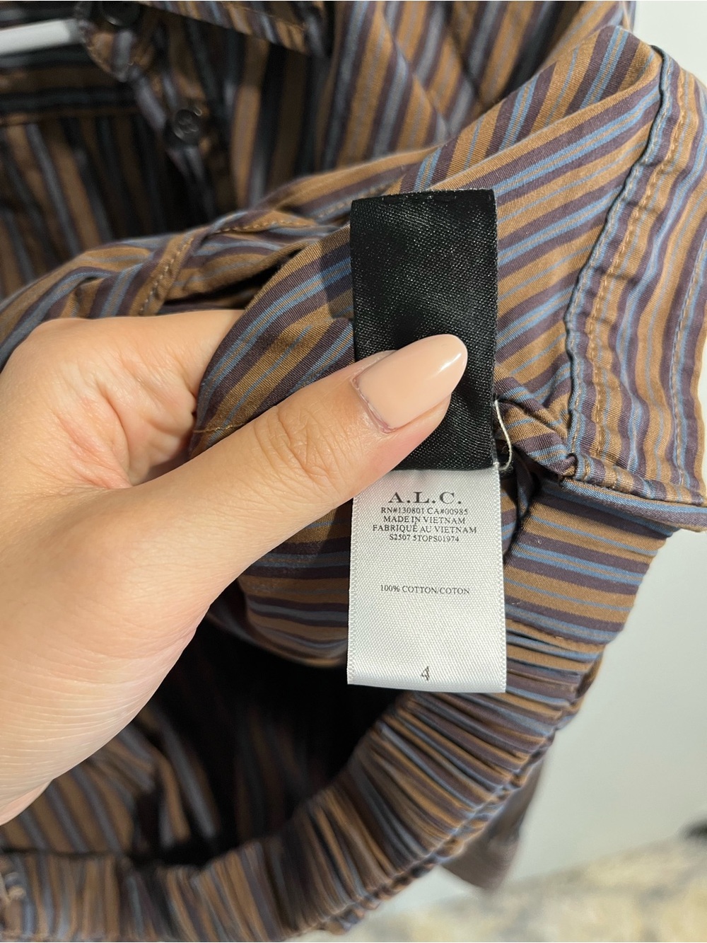 A.L.C. Olive and Black Striped Twist-Front Button-Down Shirt - Picture 10 of 10